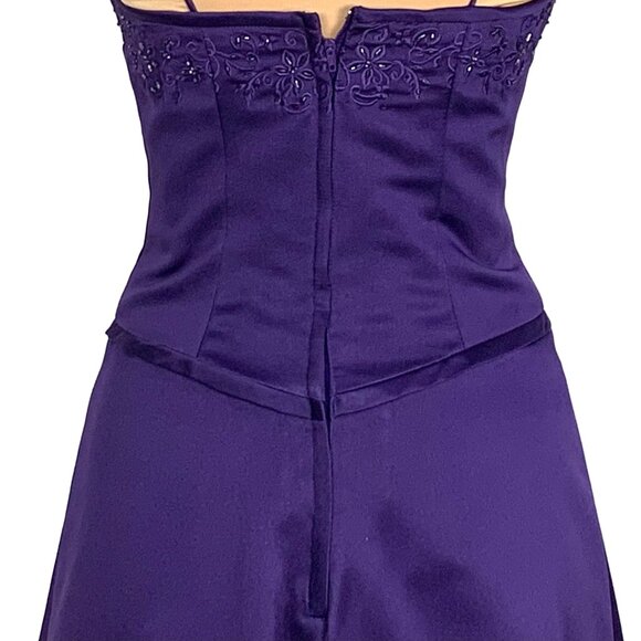 Mori Lee Madeline Gardiner Purple Satin Midi Evening Gown 5/6 Spaghetti Straps - Picture 7 of 12